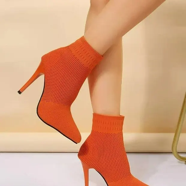 

New Women Socks Shoes Stretch Fabric Women Ankle Boots Pointed Toe High Heels Slip-On Sexy Sock Heeled Chelsea Boots Size 36~43