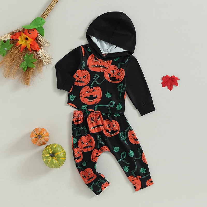 

Toddler Baby Boy Girl Halloween Outfit Pumpkin Skellington Smiles Hoodie Sweatshirt Pants Set Fall Winter Clothes