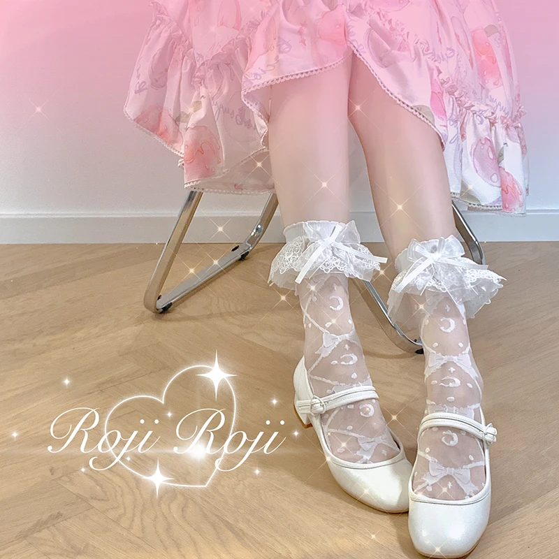 Rojita Lace Lolita Socks Women's Spring Autumn Spun Glass Thin Low Cut Socks Silk Lolita Sweet Mid-Calf Socks Stocking