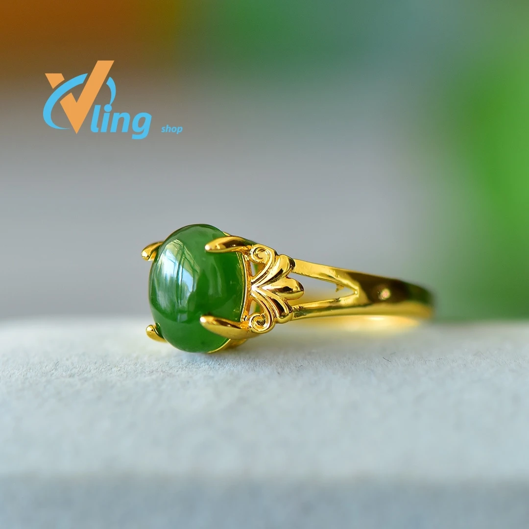 Green Chalcedony Ring for Women Jade Ring Copper Opening Inlaid Jade Fashion Temperament New