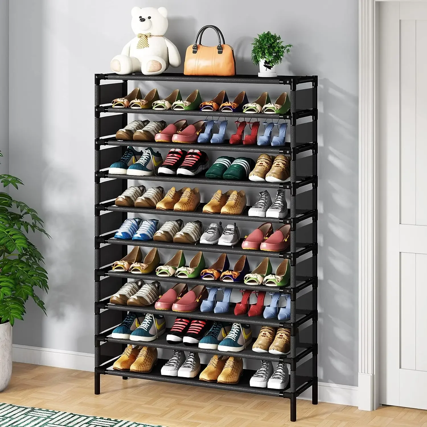 Tribesigns Simple Black Shoe Rack Metal Shoe Shelf Footwear Space Saving Shoes Organizer