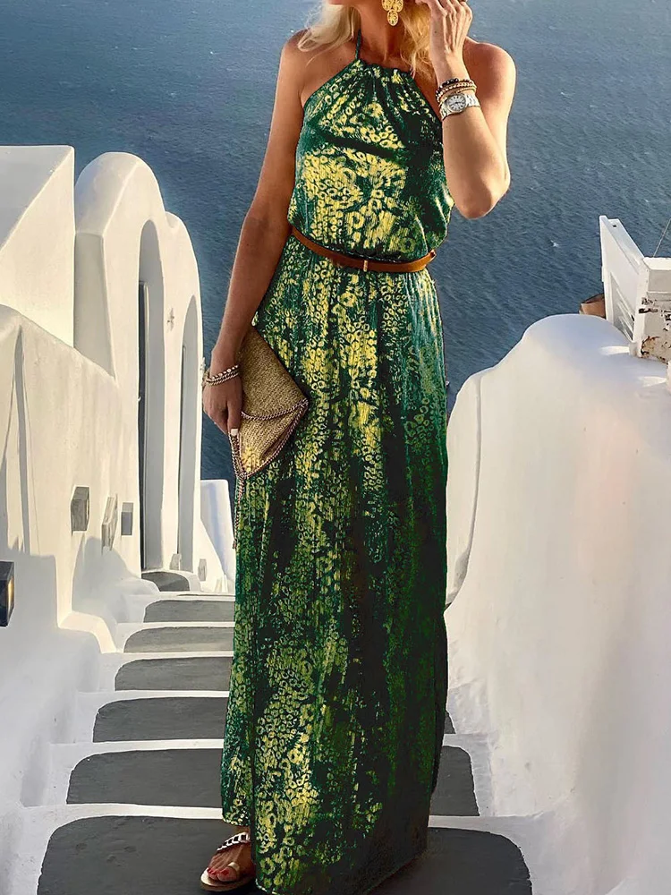 

Летнее пляжное свободное платье с лямкой на шее, повседневное женское уличное длинное платье без рукавов, женское Клубное платье макси с винтажным принтом и открытой спиной