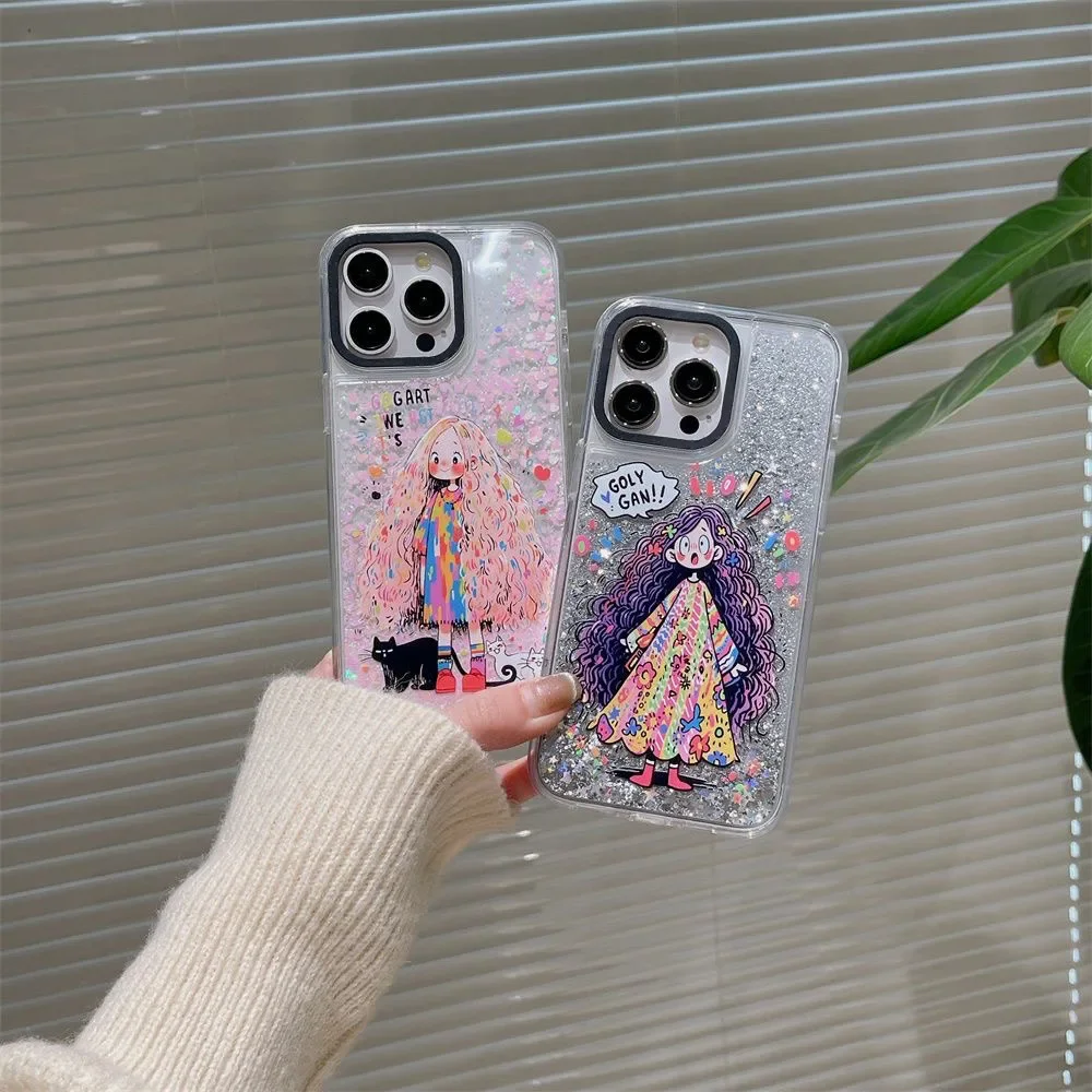 

Cartoon Long Hair Girl Transparent Border Silver Quicksand Phone Case Cover for IPhone 12 13 14 15 Pro Max Case for IPhone 15Pro