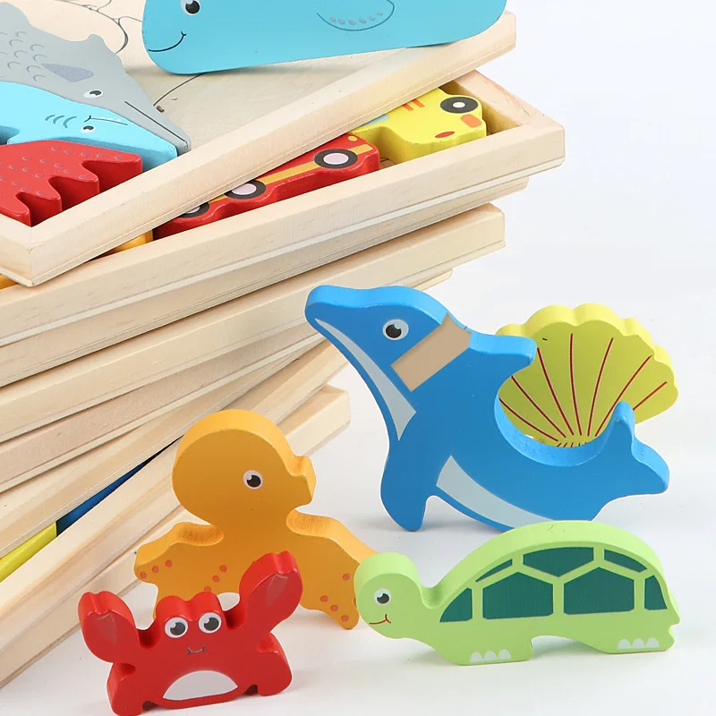 Children Montessori Wooden Toys Block Cartoon Animal Three-dimensional Jigsaw Puzzle Early Education Grab Board  3d Puzzle Toys 5