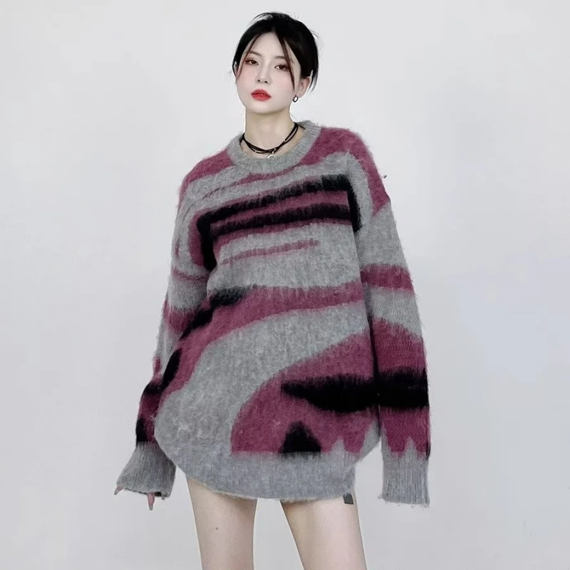 Damen Oversized Strickpullover Gestreift Im Streetwear Stil_voghion.com