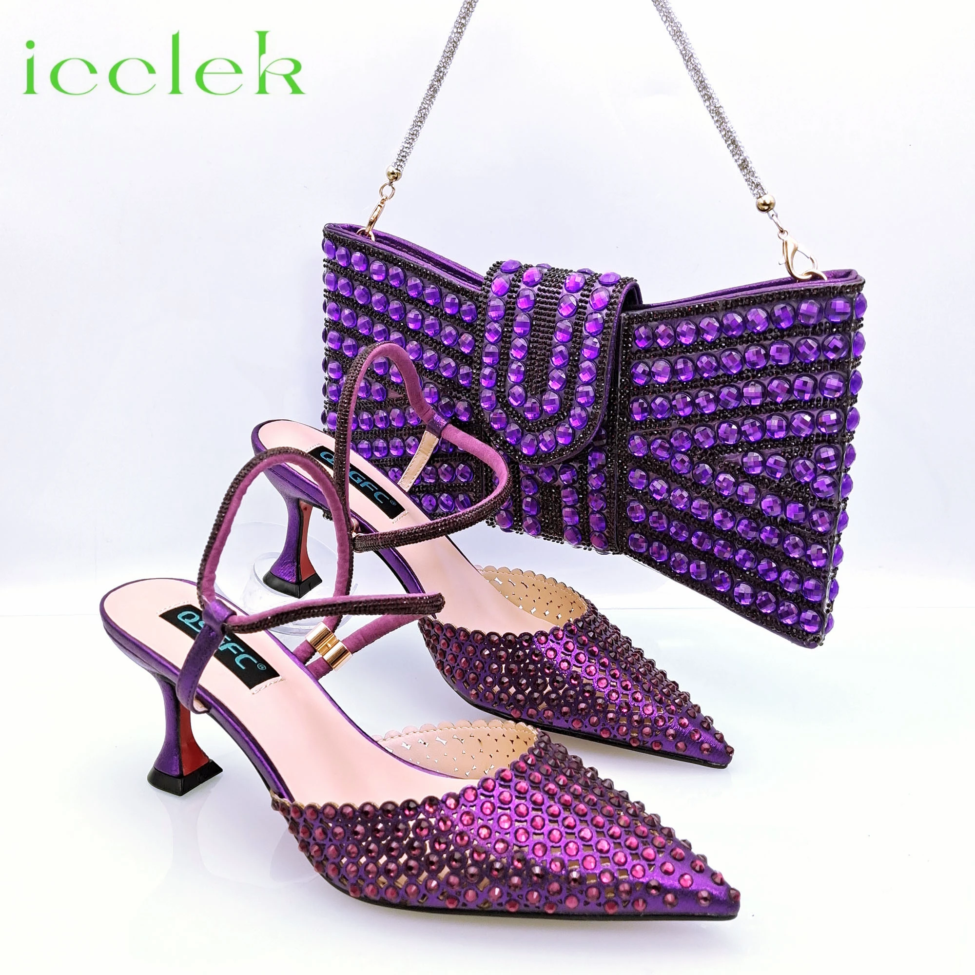 

High Quality Purple Color Pointed Toe Sandals Decorated with Shinning Crystal Shoes Matching Bag Set For Women Party