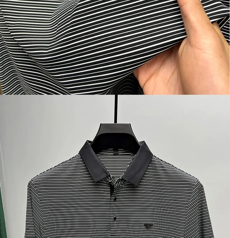 High end brand trend ice silk striped short sleeve polo shirt men's 2024 summer new fashionable print hot diamond casual T-shirt 24 S2e7d53ed95a64da7a1690a9fe55b5640y