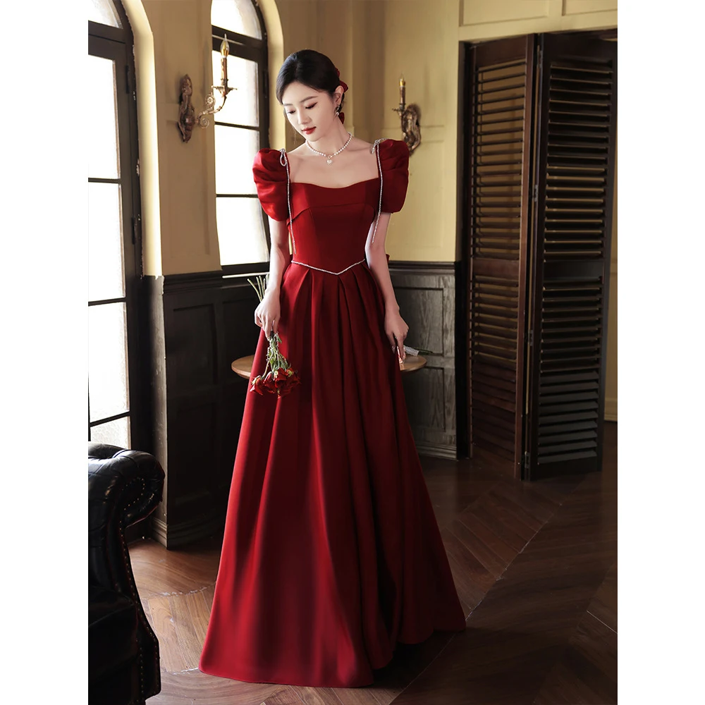 

Luxury Bow Burgundy Evening Dress Women Exquisite Beading Satin Long Banquet Party Dresses Elegant Lady Puff Sleeve Ball Gown