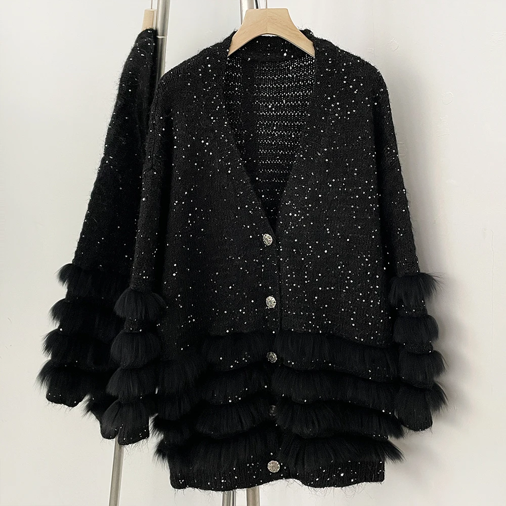 OFTBUY ريال فوكس الفراء زر سترة البلوز سترة الإناث جديد ربيع الخريف محبوك ملابس النساء فضفاضة كبيرة الحجم تريكو معطف