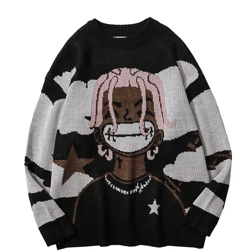 

Harajuku vintage cartoon anime knitted sweater men winter oversized men's rock hip hop rap pullover women jumper ugly sweater