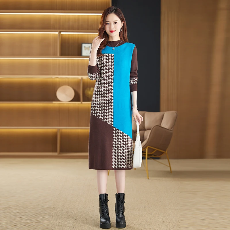 

Large Size Hot Sale Cashmere Knitted Dress for Women Winter Autumn Mock Turtleneck Female Dresses Long Style Patchwork Jumper