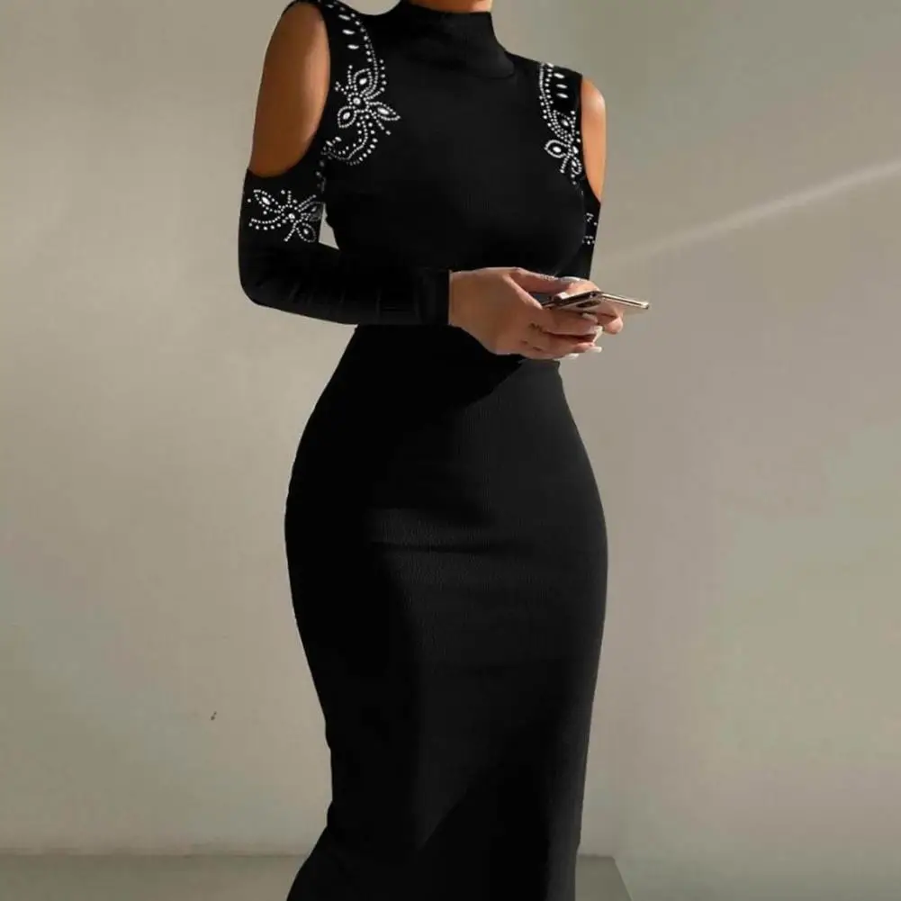 

Women's Autumn Dress Fake Collar Hollow Long Sleeve Tight Sexy Solid Color Women's Prom Party Long Dress