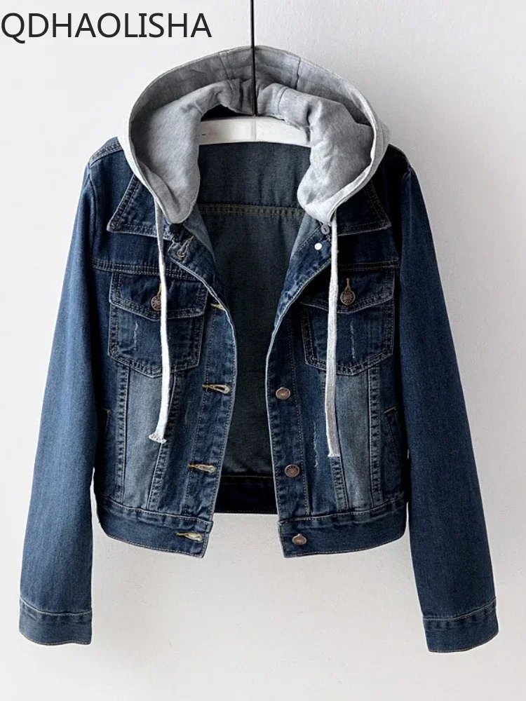 Women\'s Jacket Denim Coat New in Korean Fashion Slim Versatile Long Sleeve Top Hooded Short Denim Jacket Winter Woman Clothing