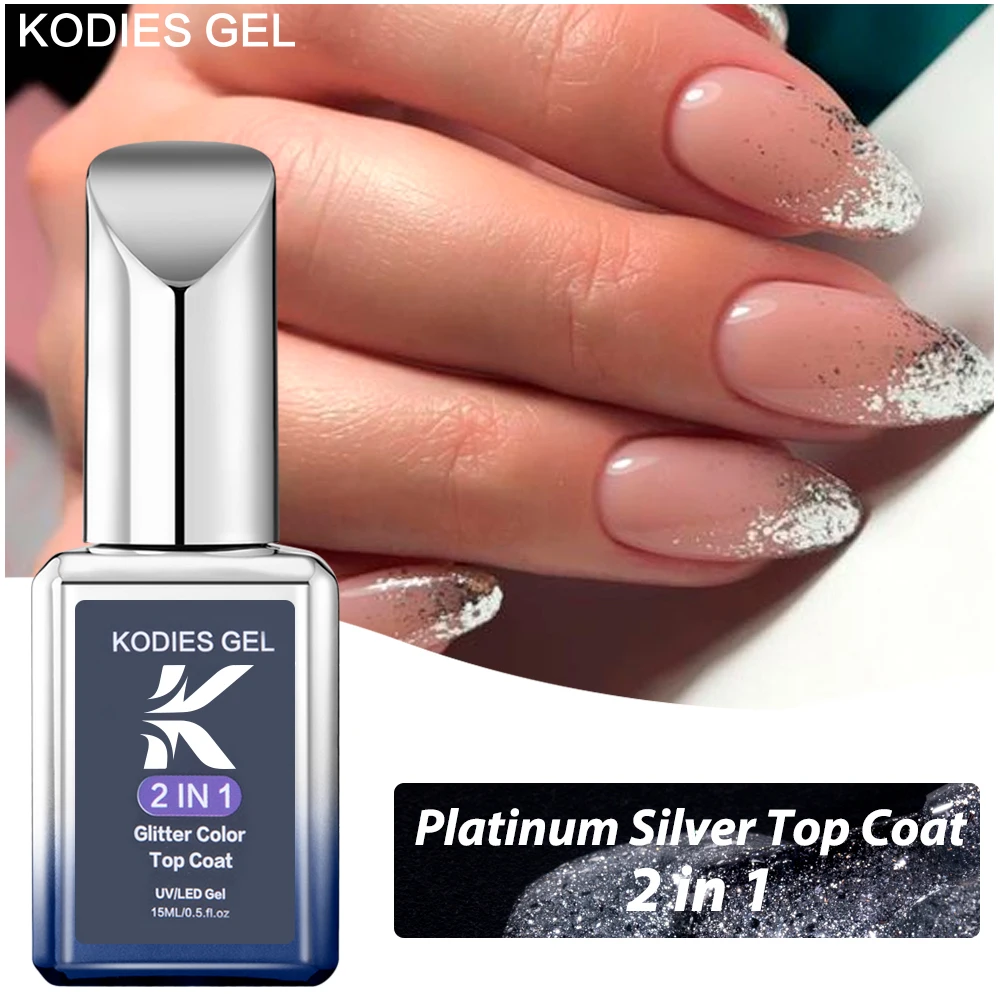 Kodies Gel Argento Glitter Top Coat Gel Uv Smalto Per Unghie 15Ml Platino Semi Permanente Uv/Led Lucido Temperato Finitura Superiore Vernice Gel