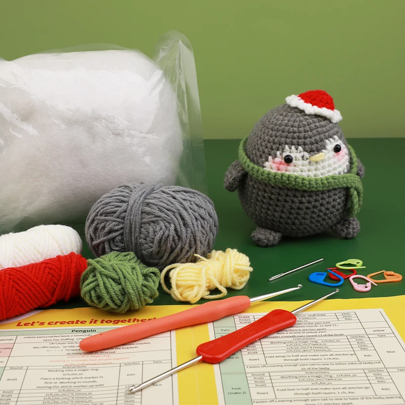 KRABALL Penguin Dinosaur DIY Animal Beginners Knitting Kit Adults and Kids Crochet Hook Accessories and Instructions