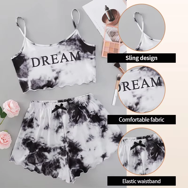 Y2K Tie Dye Dream Graphic Pajama Set Womens Cami Crop Top and Shorts Two Piece Sleepwear Loungewear Sexy Lettuce Trim New Hot