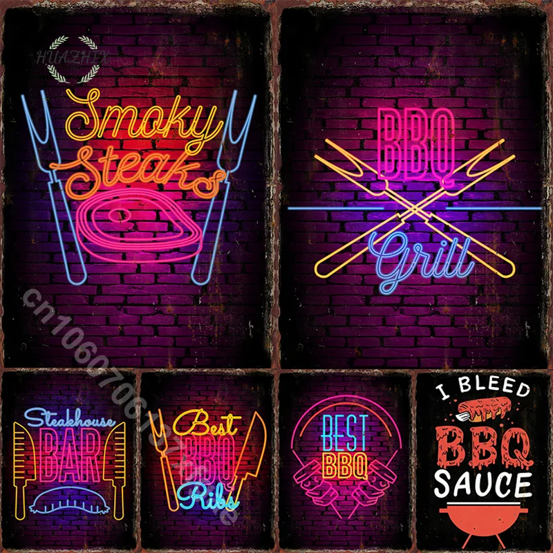 Vaporwave Neon Bbq Tin Sign Retro Plaque Menu Print House Coffee Club Vintage Room Mall Bar Door Art Barbecue Decorazione Della Parete