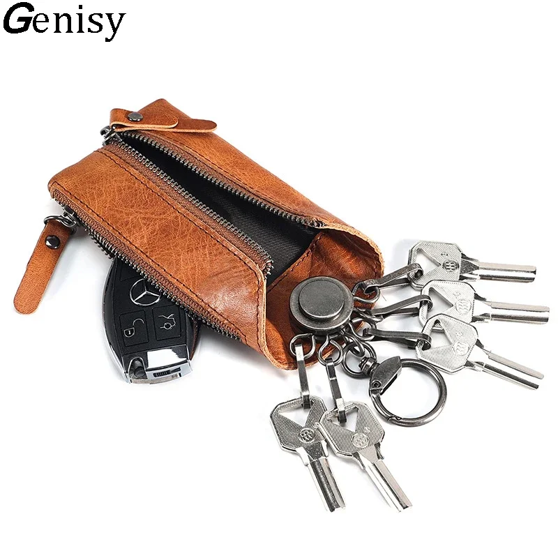 

100% Genuine Leather Key Wallet Vintage Men Car Key Holder Zipper Key Case Top Quality Male Man Housekeeper Coin Organizer Purse