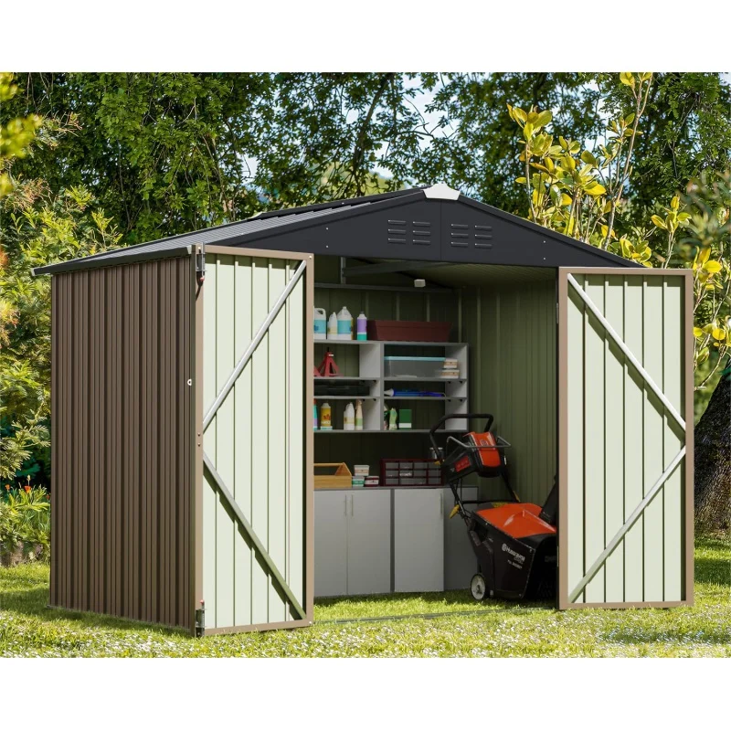 Greeesum Outdoor 6 x 8 ft. Utility Tool Metal Garden Shed with Door & Lock for Patio Storage,Brown