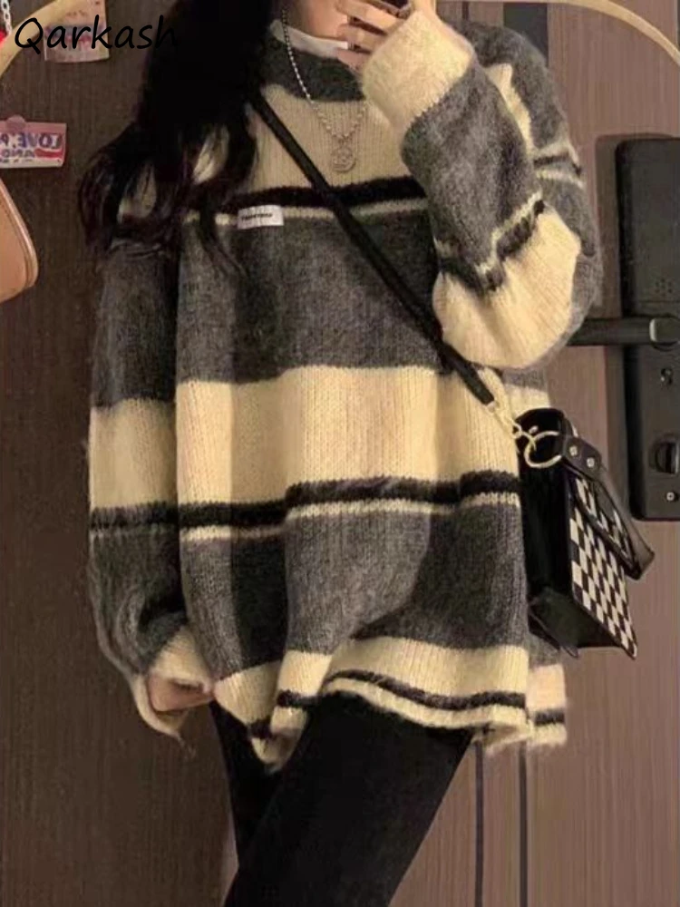 

O-neck Striped Baggy Pullovers Women Cozy Vintage Gentle Knitted Harajuku Sweaters Ulzzang Hip Hop Leisure Streetwear Winter Ins