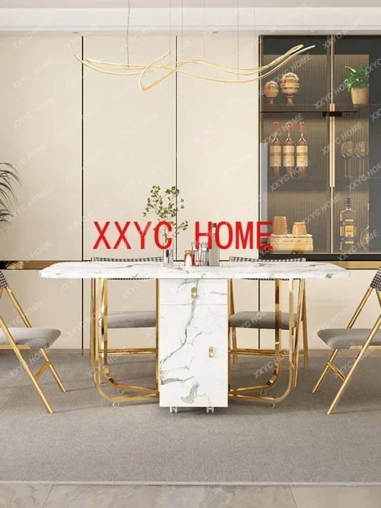 Movable Folding Dining Table with Storage Rack and 2 Drawers Extendable Versatile Kitchen Table and Metal Folding Dining Chairs
