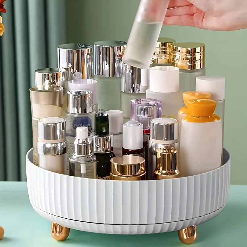 1pc 360 Degree Rotating Cosmetic Storage Box, Large Capacity Makeup Organizer, Plastic Round Skin Care Products Display Case 4