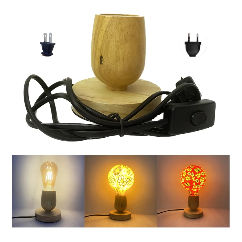 

Vintage Table Lamp Base E27 Socket Wooden Beside Desk Lamp Holder US EU Plug Wood Decoration Table Lamp for Living Room Hotel