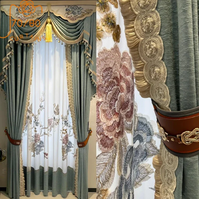 

Chinese Style Embroidered Gauze Curtains Light Blue Jacquard Thickened Patchwork Curtains for Living Room Balcony Bedroom Villa