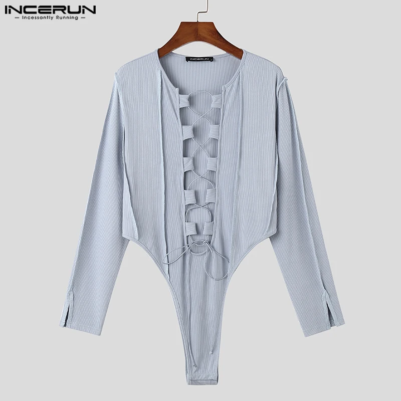 INCERUN 2023 Sexy Fashion Style Men's Homewear Strap Design Bodysuits Male Solid Long Sleeve High Fork Triangle Jumpsuits S-5XL