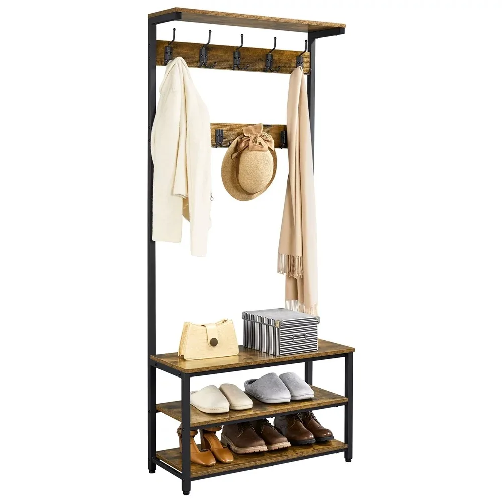 

SmileMart 72.5" Industrial Entryway Hall Tree with Bench and Shoe Storage, Rustic Brown