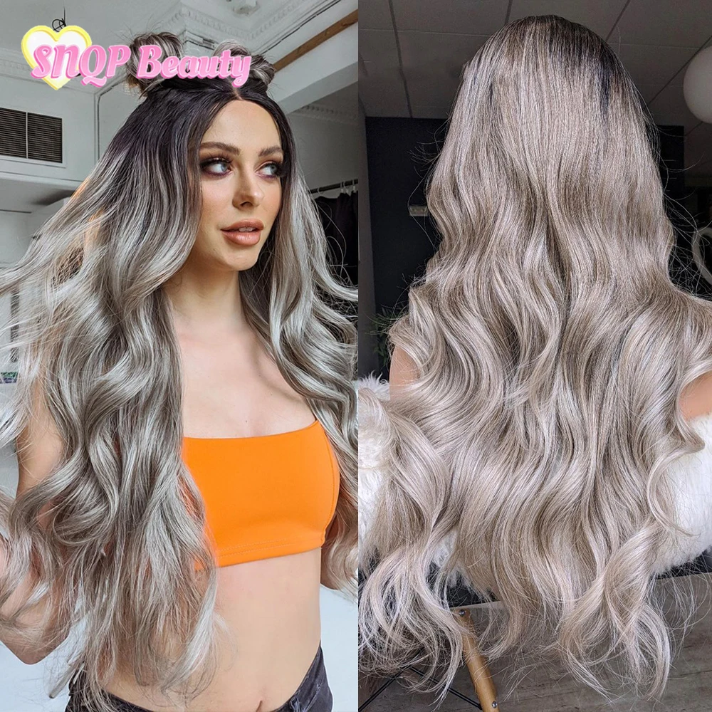 

Grey Blonde Synthetic Lace Front Wigs 13x4 Deep Wave HD Transparent Lace Front Wig For Women Dark Brown Glueless Cosplay Wig