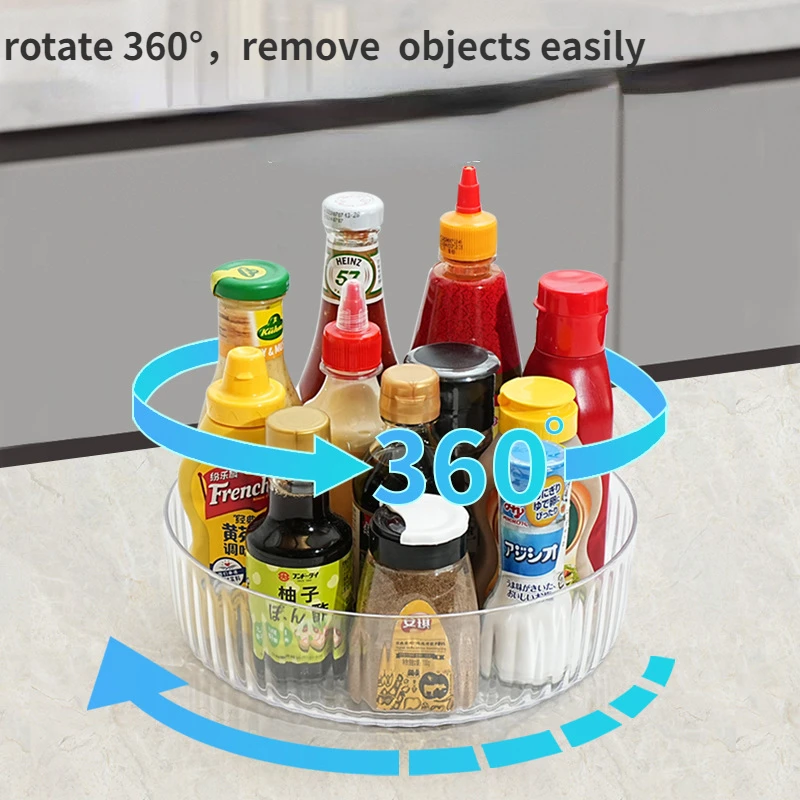 Transparent Rotating Storage Tray, Spice, Seasoning Rack, Drink, Cosmetic Container, PVC, Kitchen, Bathroom, Finishing