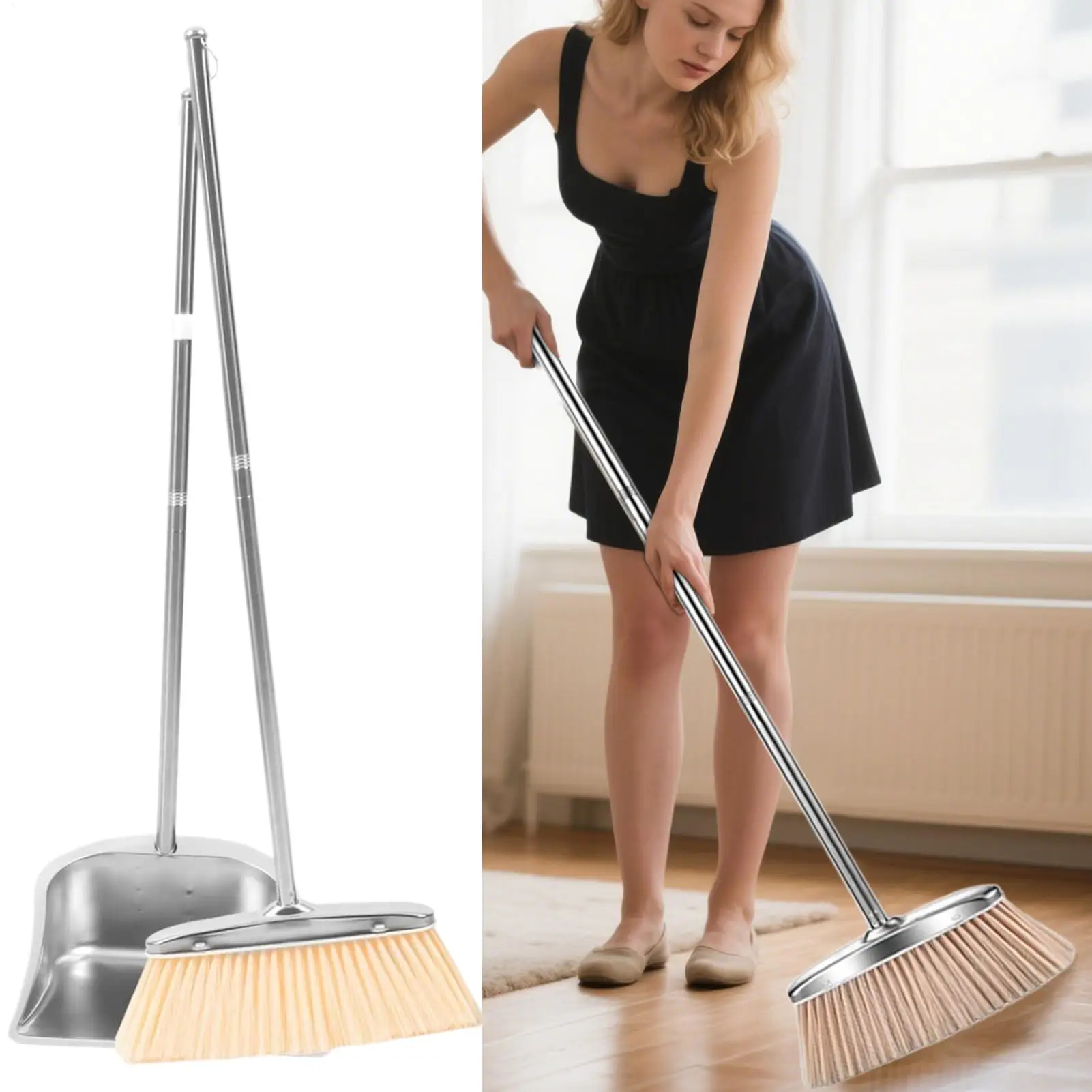 빗자루와 쓰레받기 세트 스테인레스 스틸 쓰레받기 주택 소유자 거실 침실 연구를위한 스테인레스 스틸 바닥 청소 도구