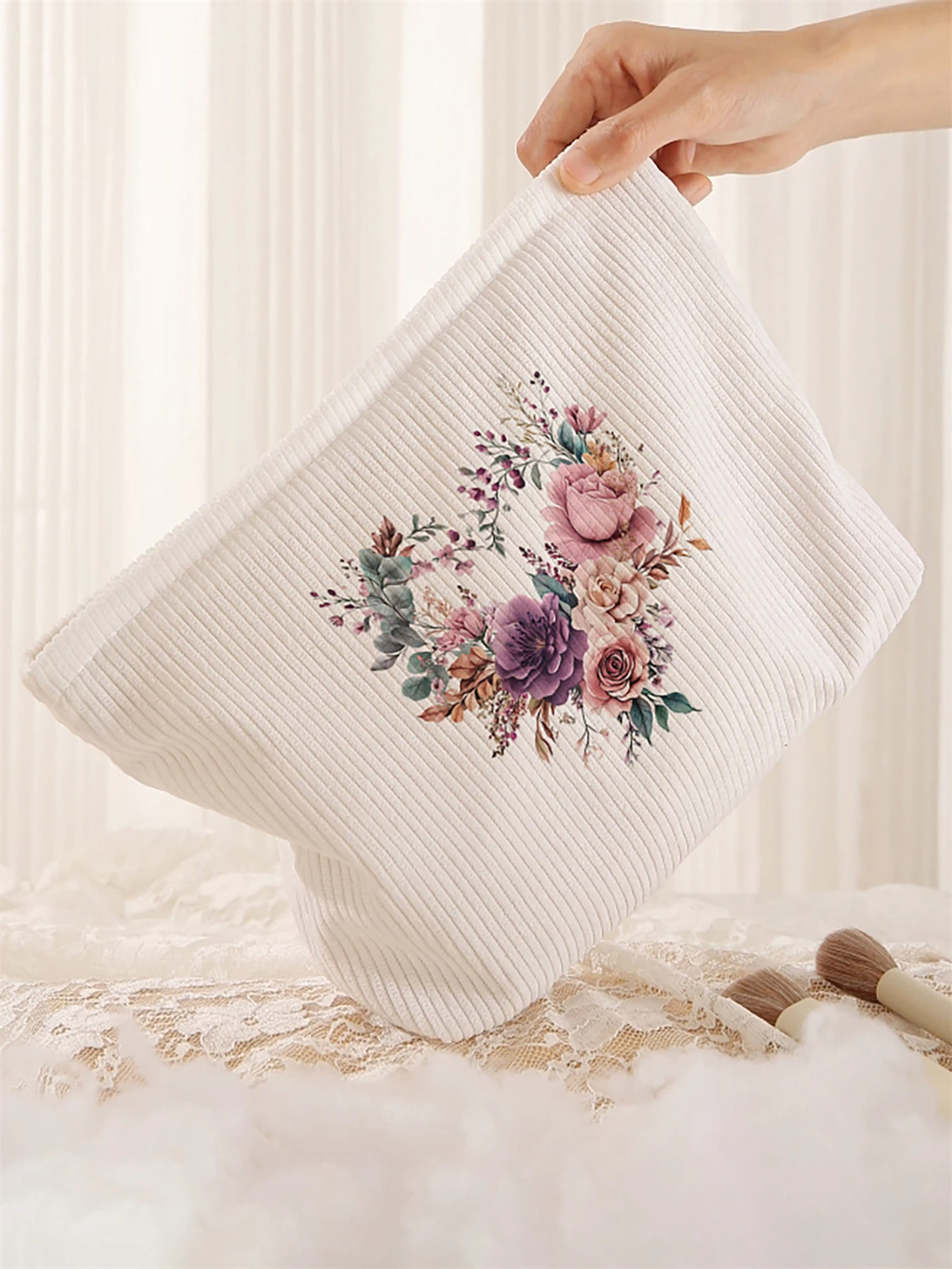 1pc floral pattern printed corduroy makeup bag, lightweight zipper makeup storage box, multifunctional bag with lining