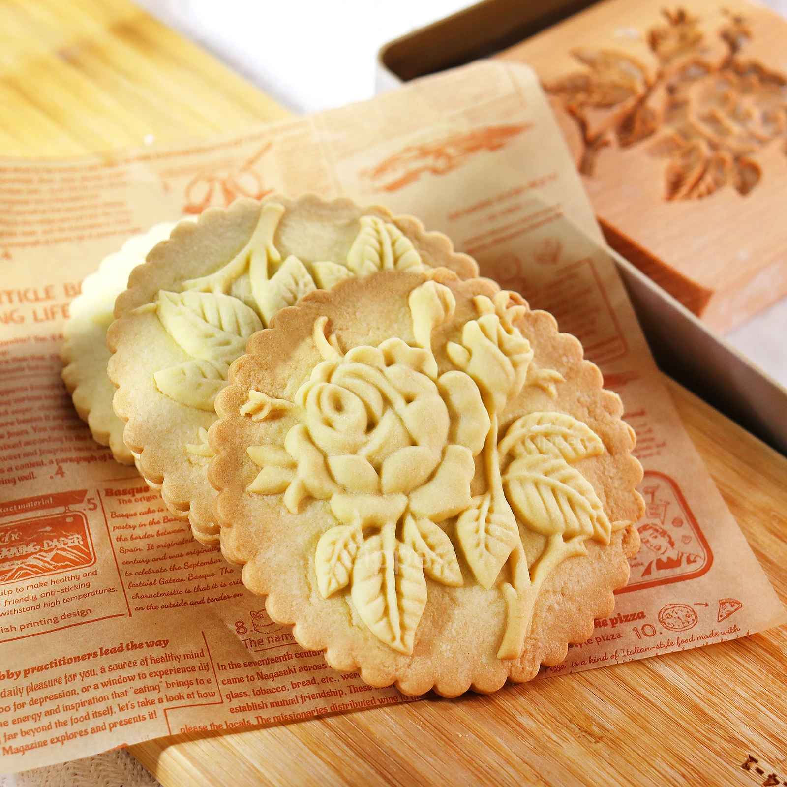 Set 3D di stampi per biscotti con motivo a rose e fiori, stampi rotondi per feste di metà autunno, 30 g, 125 g, per uomini, donne, bambini, in plastica