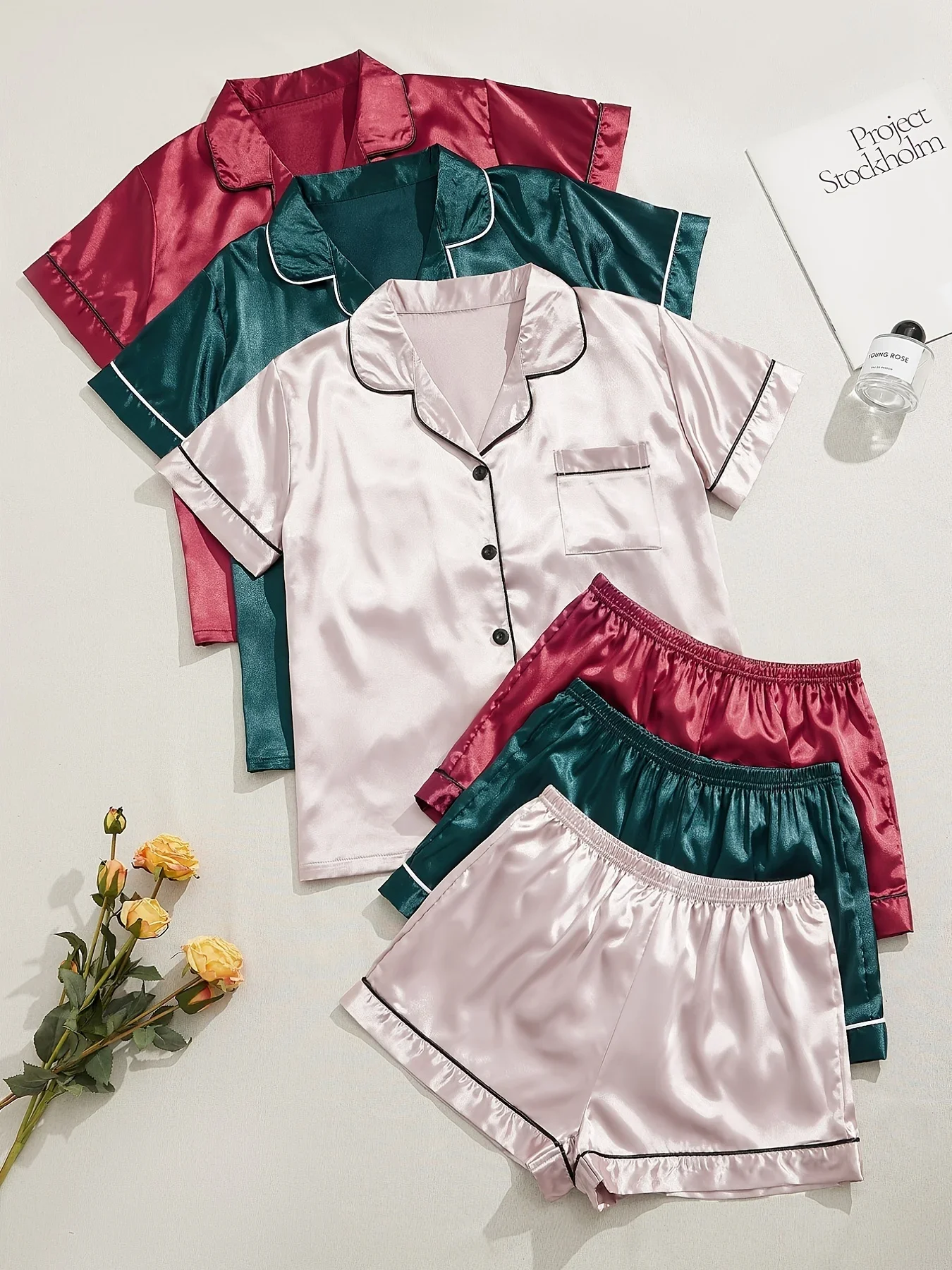 WANHONGYUE Silk Satin Pajamas Set For Petite Women - 3 Piece Cotton Sleepwear (T-Shirt, Shorts, Pants), Summer Nightwear - View #3