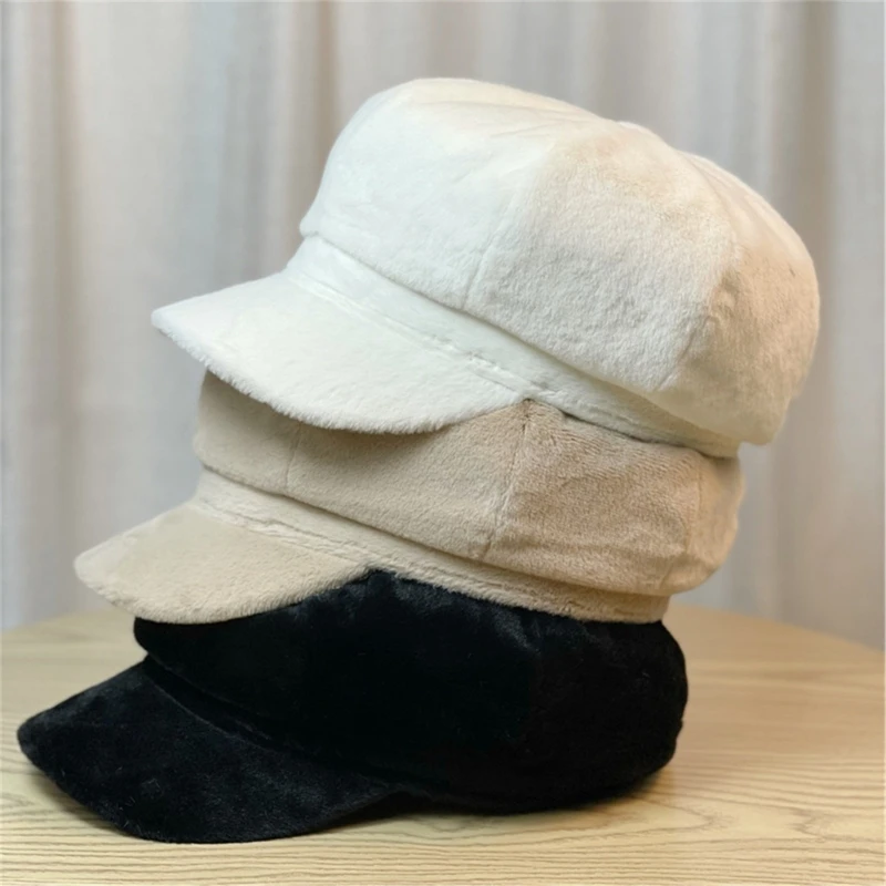 

RabbitFur Hat for Women Breathable Plush Dome Hat Cool JokerGirl Sweet Cabbie Painter Hat Winter Warm Headwear