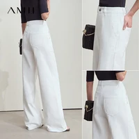 Jean Amii pour femme, style minimaliste, nouvelle collection été 2025, couleur unie, pour le quotidien, noir, beige, coupe large, en denim de coton, pantalon long 12552012 3