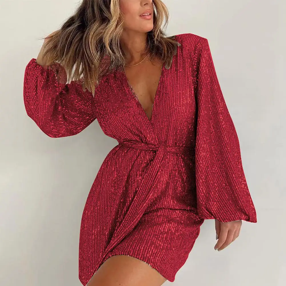 

Women Romper Deep V Neck Sequin Belted Tight Waist Loose Long Lantern Sleeve Solid Color Above Knee Length Club Party Mini Rompe