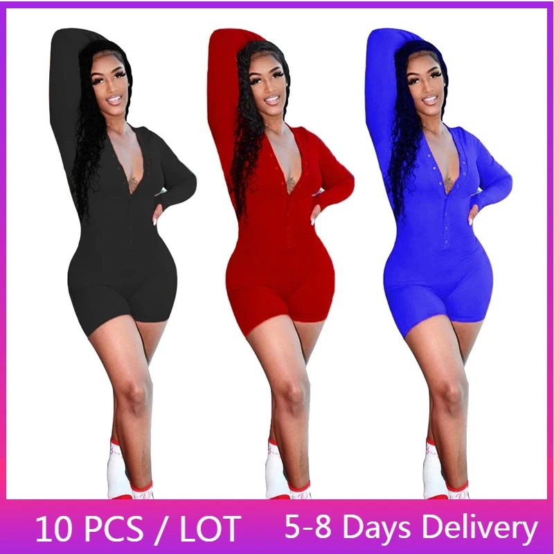

Wholesale Items Shorts Rompers Playsuit Women Spring Clothes Buttons V Neck Long Sleeve Jumpsuit Solid Sexy Outfits for Woman
