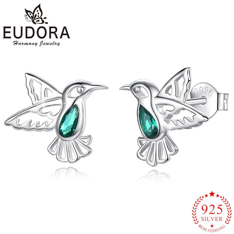 Eudora925SterlingSilverHummingbirdStudEarringsWithGreenZircon
