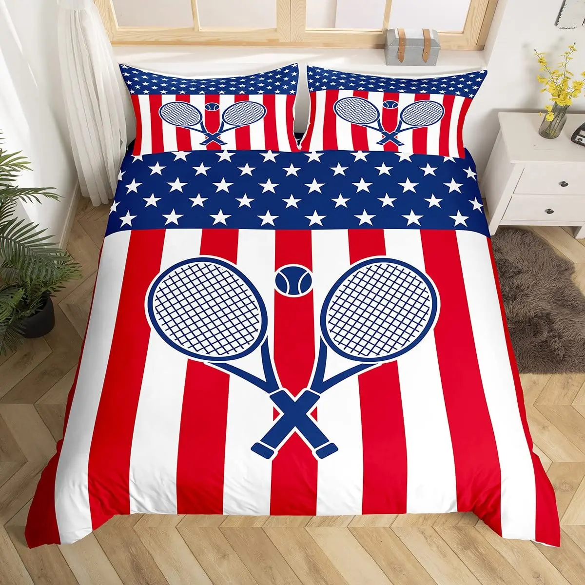Tennis Court Print Duvet Cover Set,Boys Sports Games Themed Comforter Cover,Yellow Tennis Racket Sporting Equipment Bedding Set 4