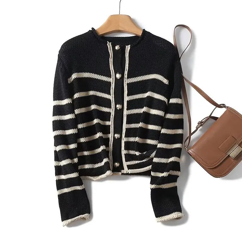 

New Women's Small Fragrant Stripe Round Neck Sweater Short Coat