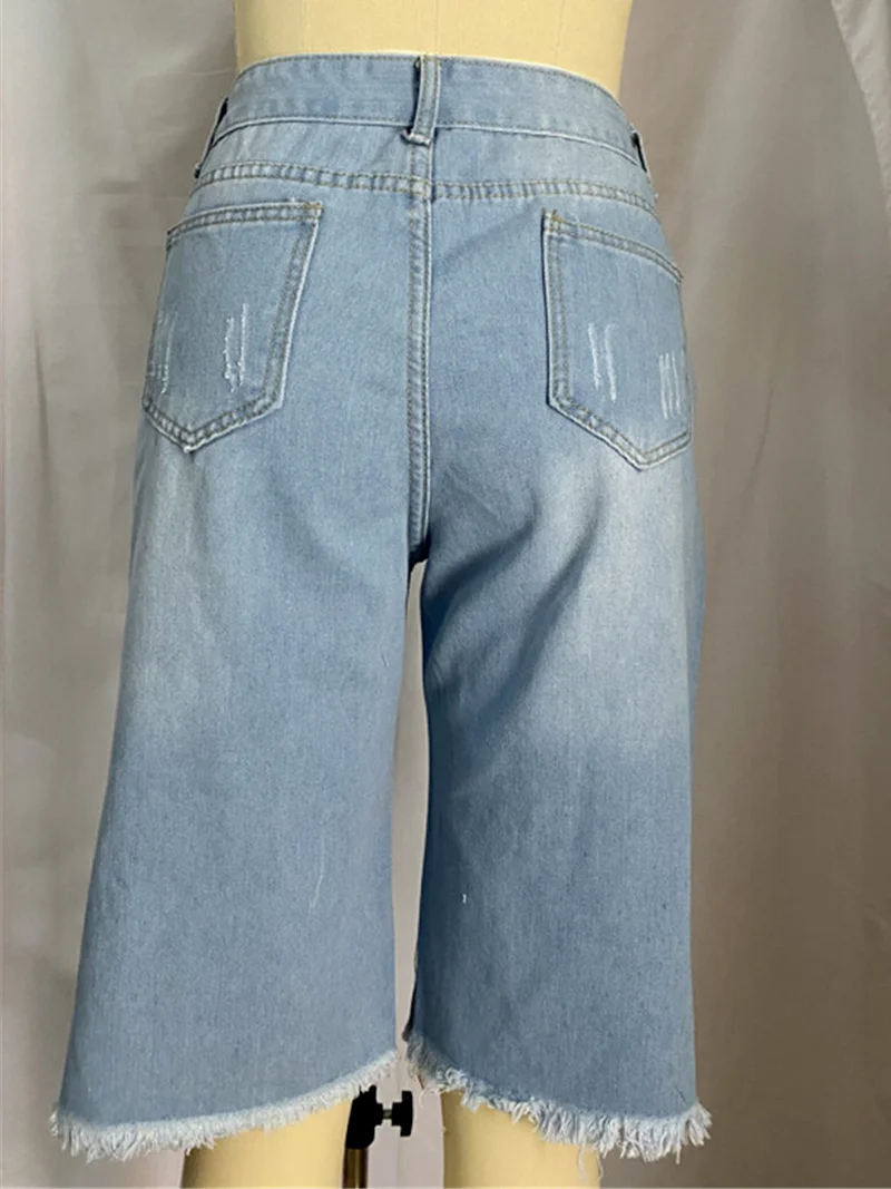 Sexy Ripped Hole Knee Length Baggy Denim Shorts Women Loose Straight Short Jeans Indie Fashion 2023 Plus Size Shorts Streetwear