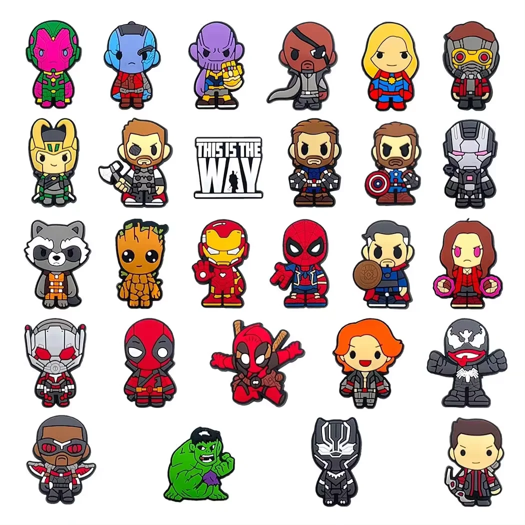 shoe charms MINISO 27pcs Avenger Series For Clogs Bogg Bag Bubble Slides Sandals PVC Decorations Beach Bag Accessories