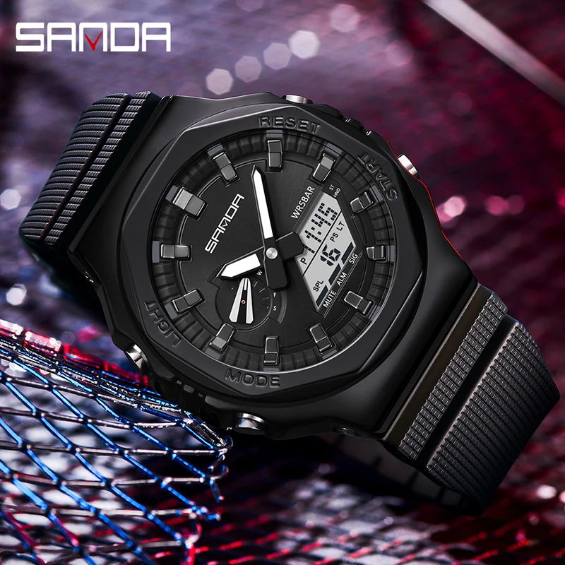 

SANDA New Dual display Watches For Men Casual Sports Chronograph Quartz Big Dial Wrist Watch Silicone Waterproof Digital Clock
