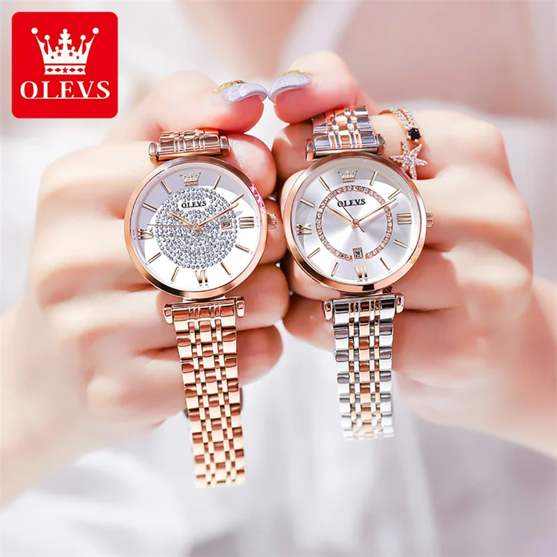 OLEVS-Relógio De Quartzo De Diamante De Luxo Para Mulheres, Aço Inoxidável, Impermeável, Calendário, Marca De Moda