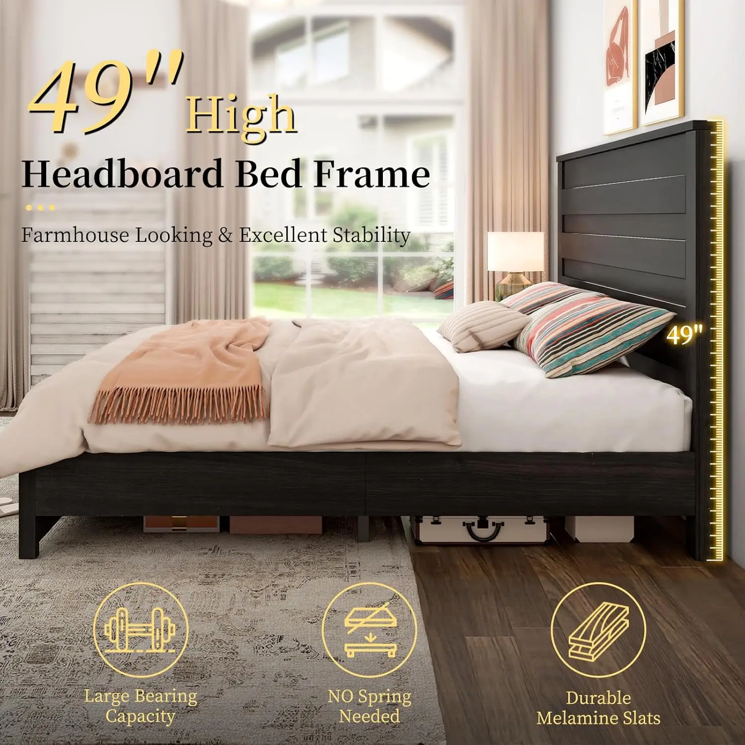 Farmhouse King Bed Frame with 49" Tall Headboard/Unique Wooden Platform Bed/Base with Noise-Free Hidden Metal Bed Frame/Black 5