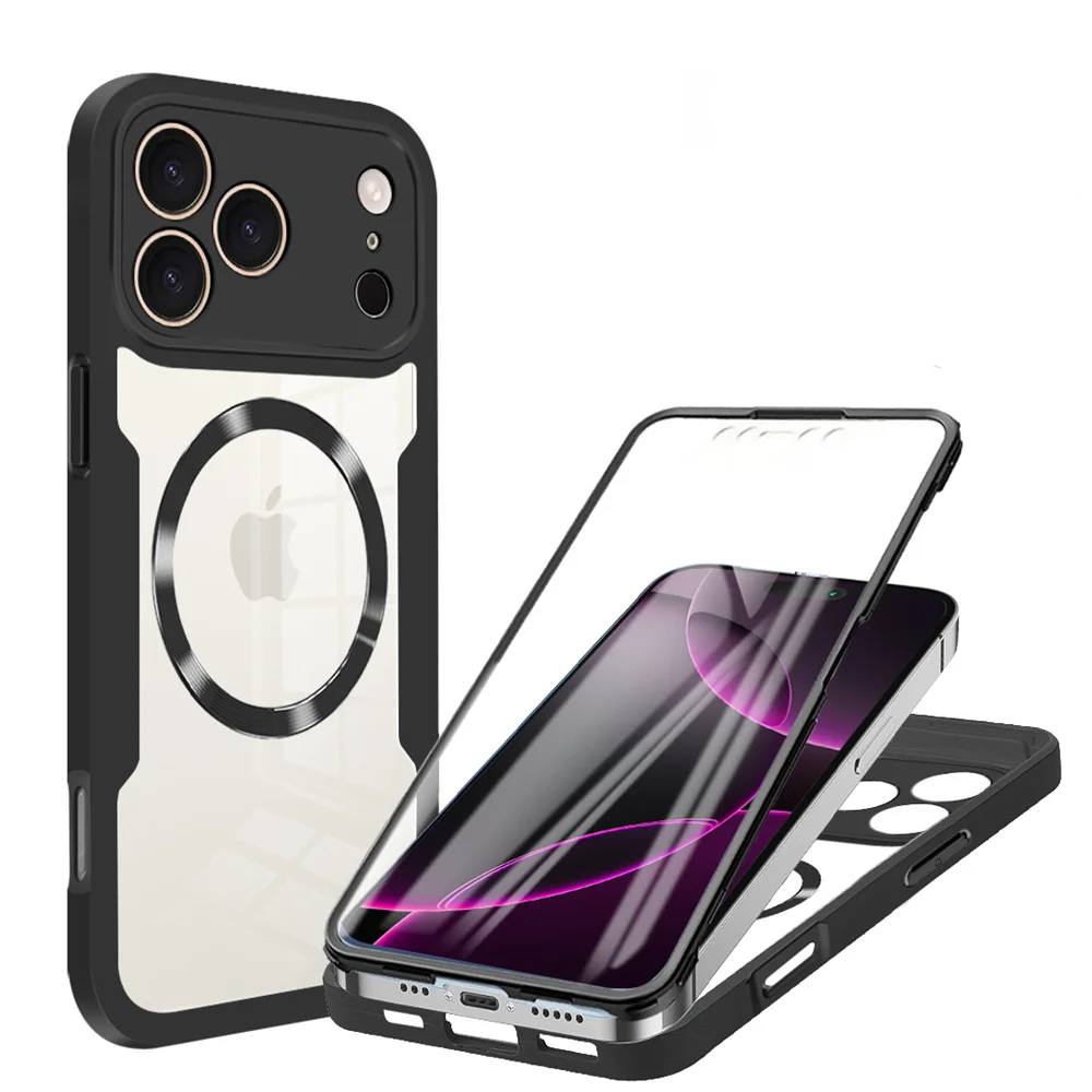 Magnetic 360° Clear Full-Body Shockproof Phone Case with Silicone Bumper
