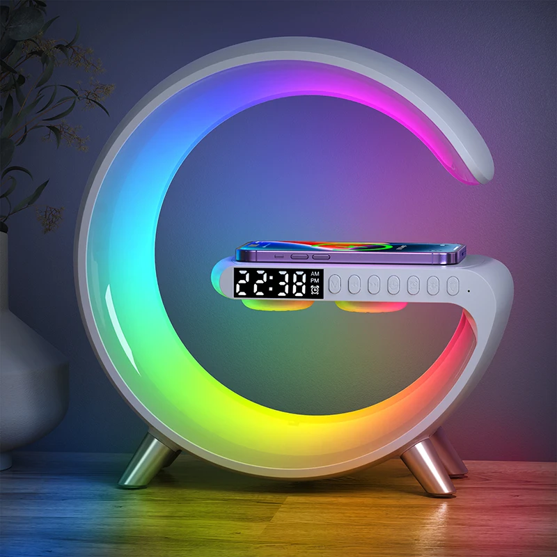 

LED Smart Wake Up Light RGBIC Ambient Night Light with Bluetooth Speaker 15W Wireless Charging Table Lamp for Bedroom Game Room